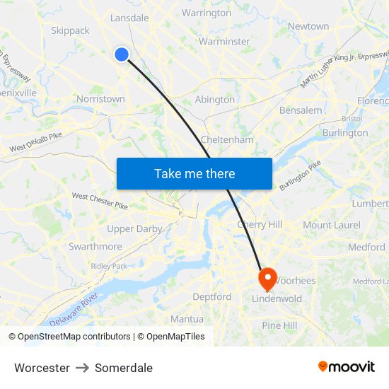 Worcester to Somerdale map