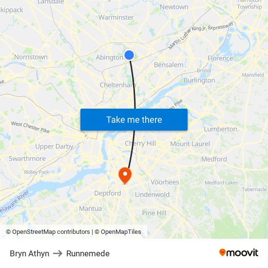 Bryn Athyn to Runnemede map