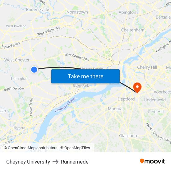 Cheyney University to Runnemede map