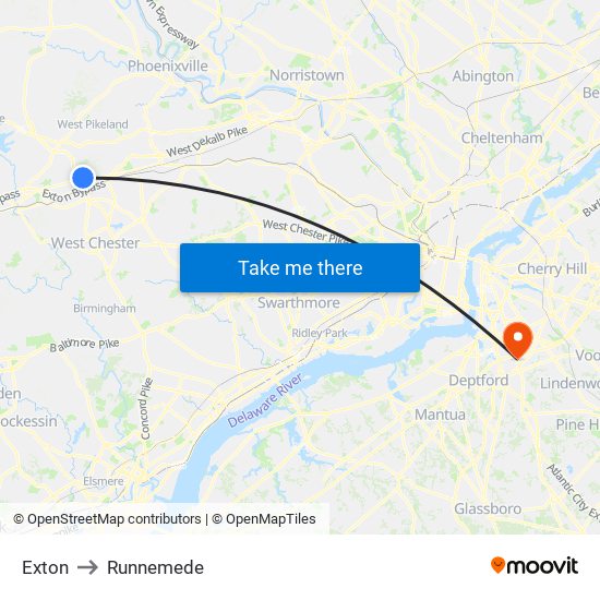 Exton to Runnemede map
