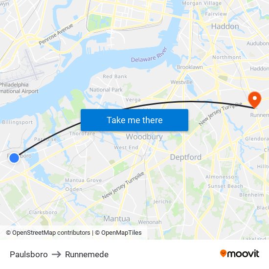 Paulsboro to Runnemede map