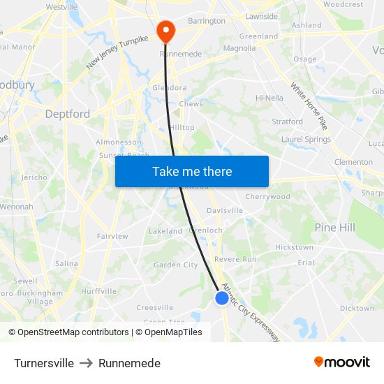 Turnersville to Runnemede map