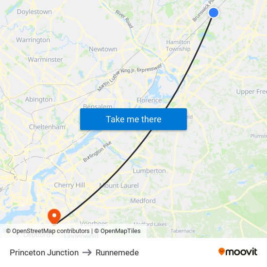 Princeton Junction to Runnemede map