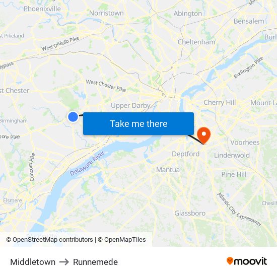 Middletown to Runnemede map