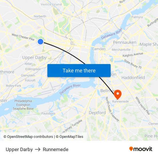 Upper Darby to Runnemede map