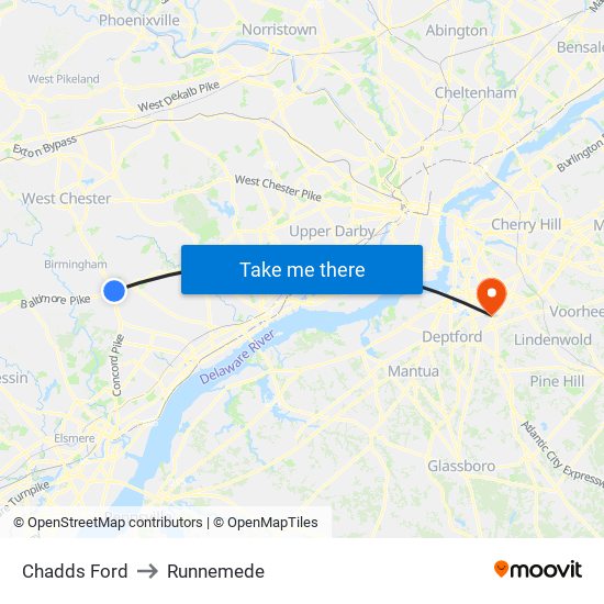 Chadds Ford to Runnemede map