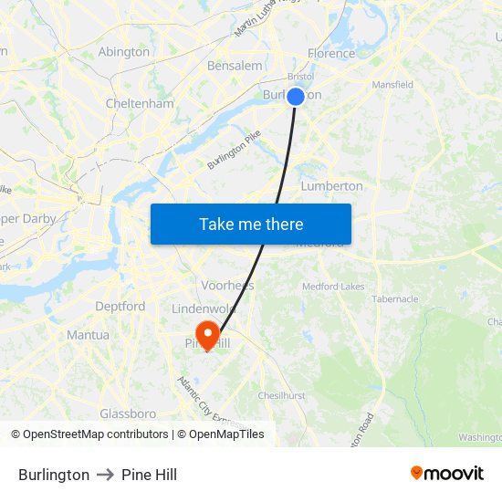 Burlington to Pine Hill map