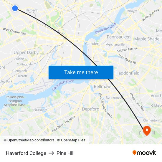 Haverford College to Pine Hill map