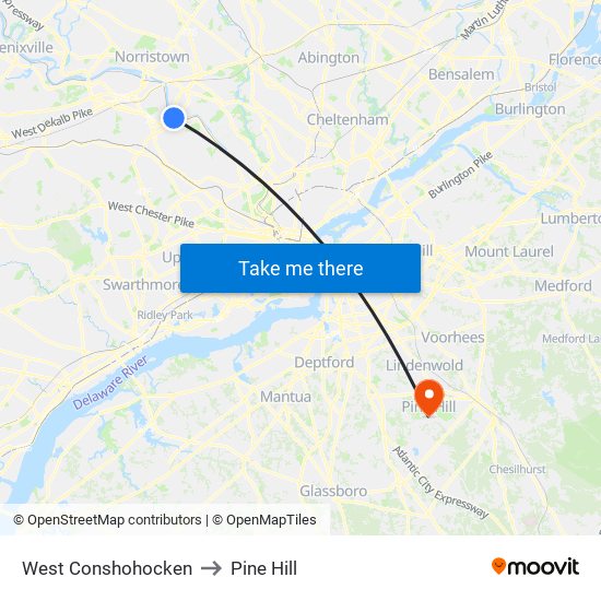 West Conshohocken to Pine Hill map