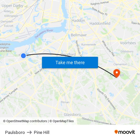 Paulsboro to Pine Hill map