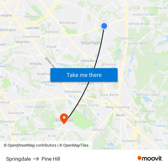 Springdale to Pine Hill map