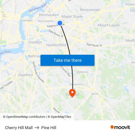 Cherry Hill Mall to Pine Hill map
