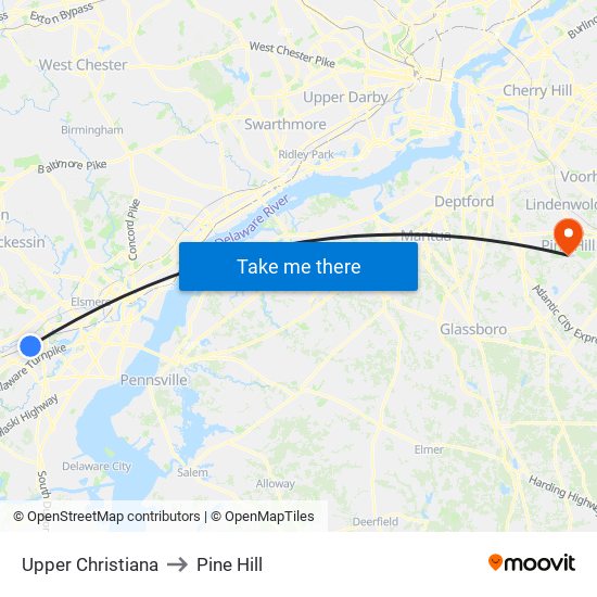 Upper Christiana to Pine Hill map