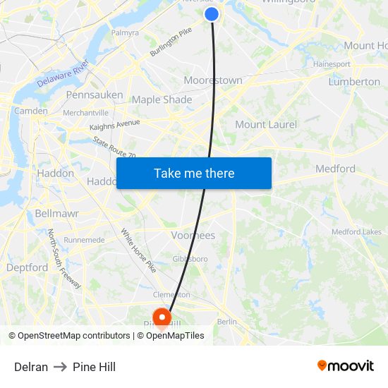 Delran to Pine Hill map