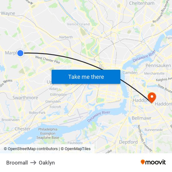 Broomall to Oaklyn map