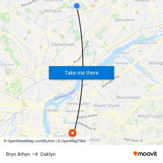 Bryn Athyn to Oaklyn map