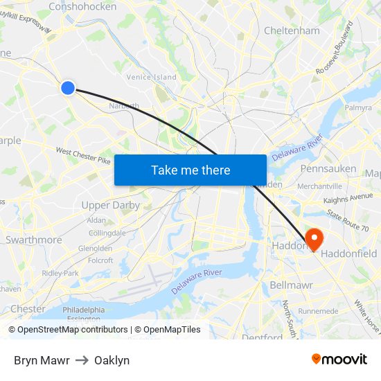Bryn Mawr to Oaklyn map