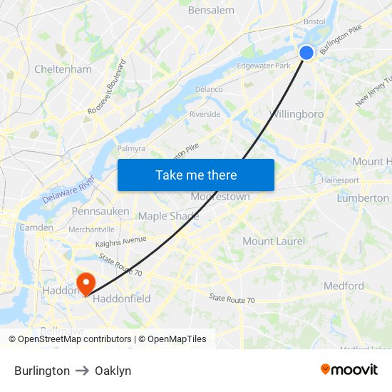 Burlington to Oaklyn map