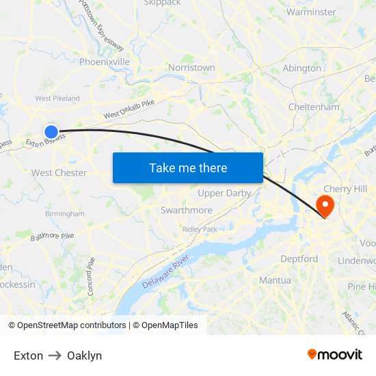 Exton to Oaklyn map