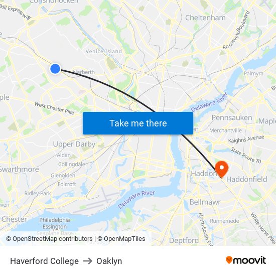Haverford College to Oaklyn map