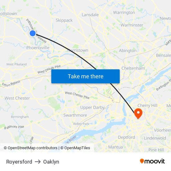 Royersford to Oaklyn map