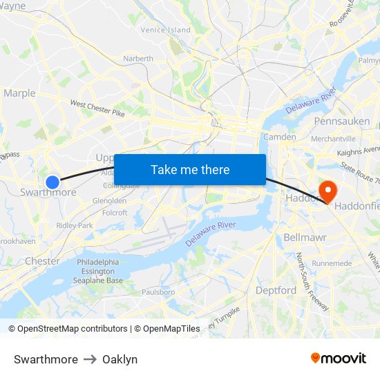 Swarthmore to Oaklyn map