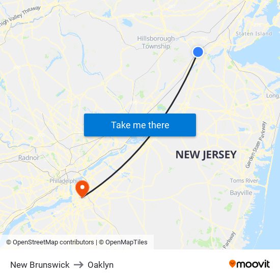 New Brunswick to Oaklyn map