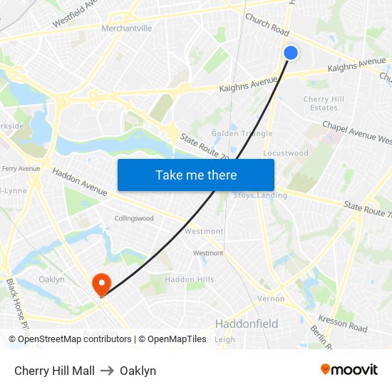 Cherry Hill Mall to Oaklyn map