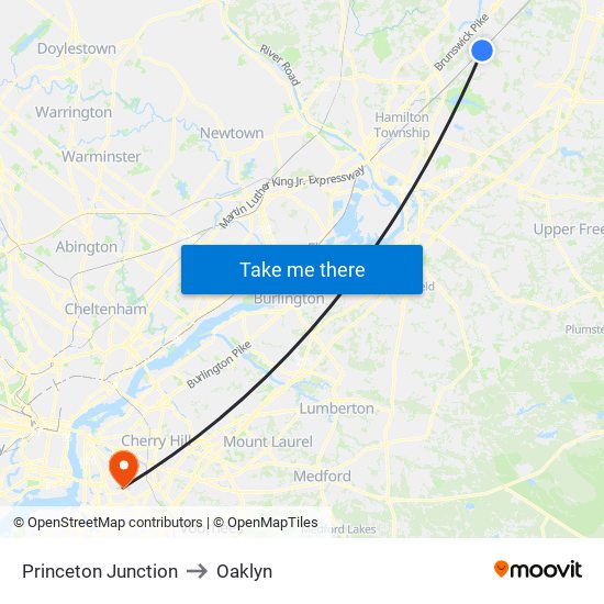 Princeton Junction to Oaklyn map