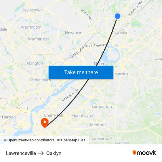 Lawrenceville to Oaklyn map