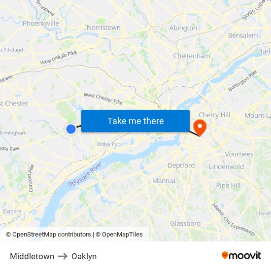 Middletown to Oaklyn map
