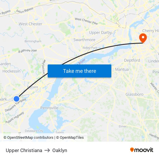 Upper Christiana to Oaklyn map