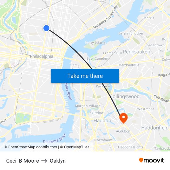 Cecil B Moore to Oaklyn map