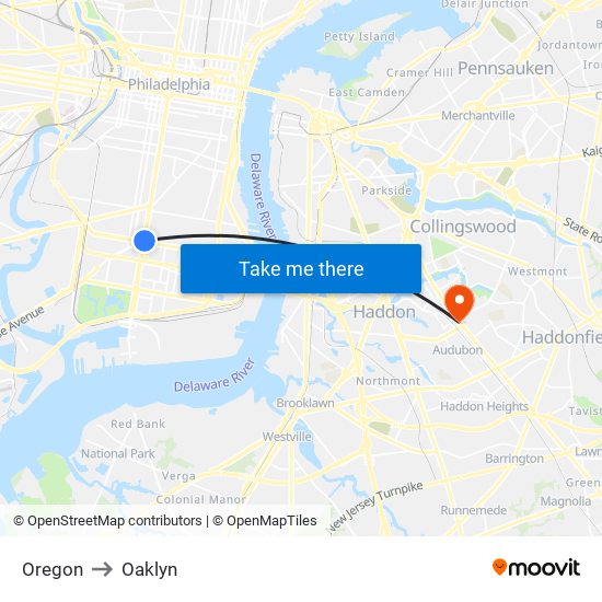 Oregon to Oaklyn map