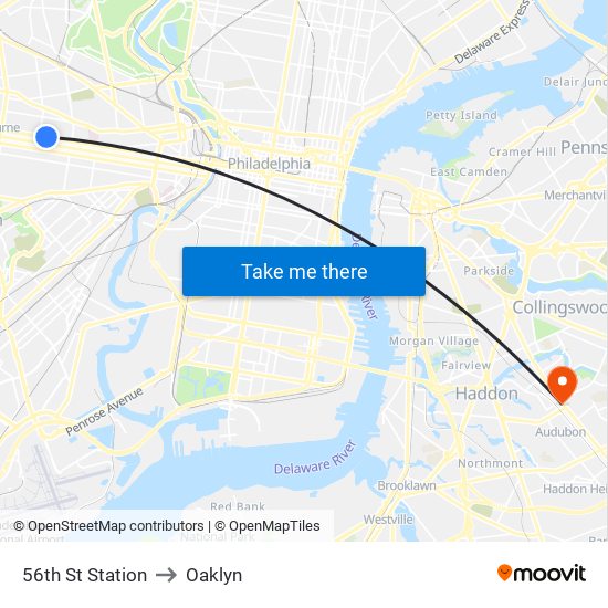 56th St Station to Oaklyn map