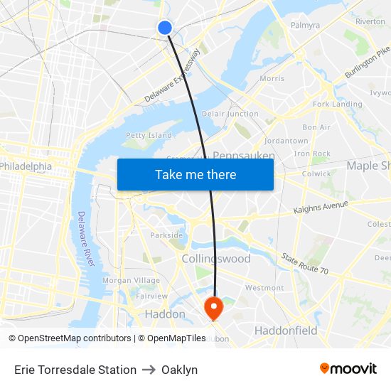 Erie Torresdale Station to Oaklyn map