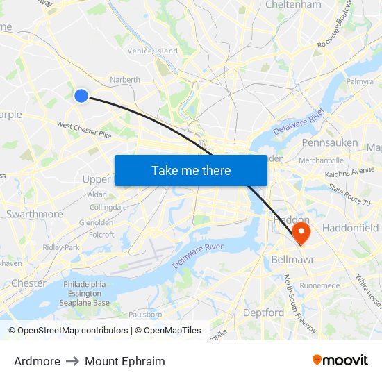 Ardmore to Mount Ephraim map