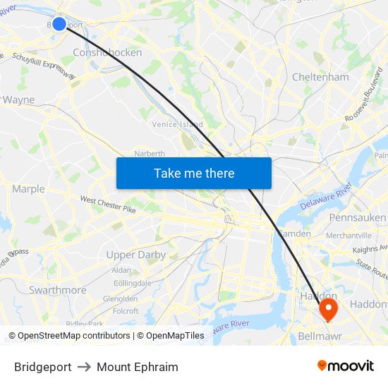 Bridgeport to Mount Ephraim map