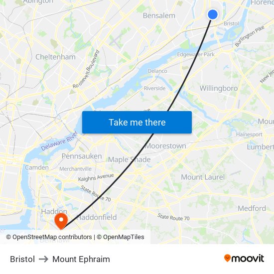 Bristol to Mount Ephraim map