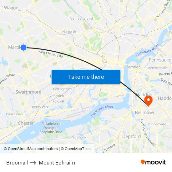 Broomall to Mount Ephraim map