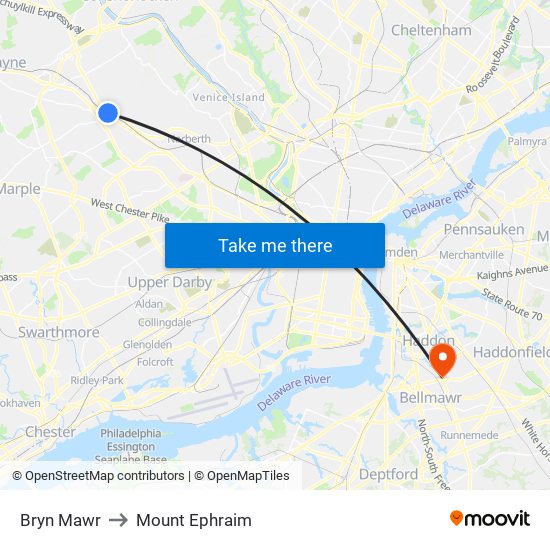 Bryn Mawr to Mount Ephraim map