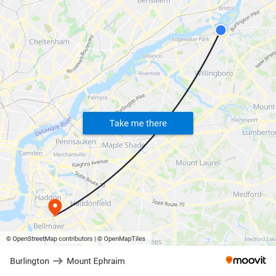 Burlington to Mount Ephraim map
