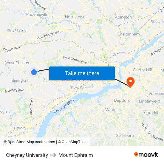 Cheyney University to Mount Ephraim map