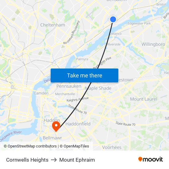 Cornwells Heights to Mount Ephraim map