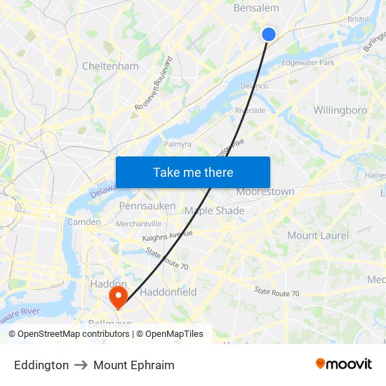 Eddington to Mount Ephraim map