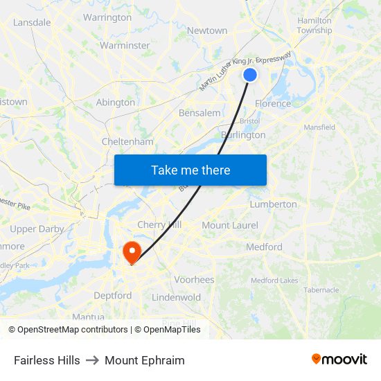 Fairless Hills to Mount Ephraim map