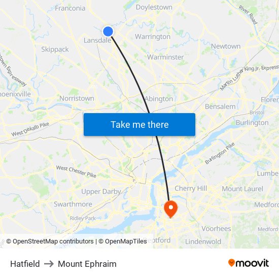 Hatfield to Mount Ephraim map