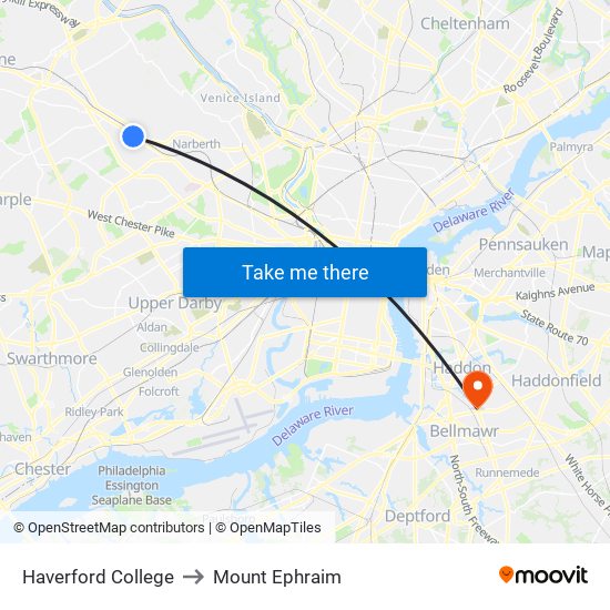 Haverford College to Mount Ephraim map