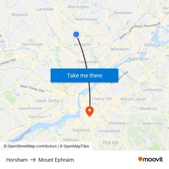 Horsham to Mount Ephraim map