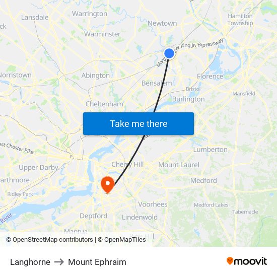 Langhorne to Mount Ephraim map